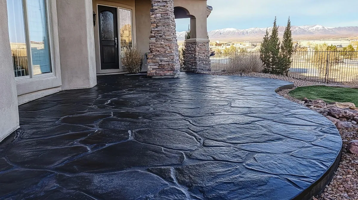 Black stamped concrete in front of the house