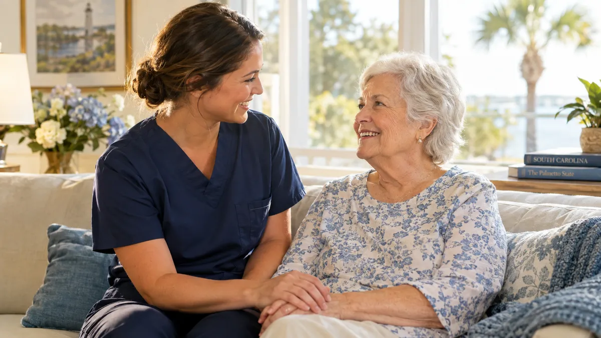 A compassionate caregiver holding the hand of a senior woman in a warm home setting in Upstate South Carolina