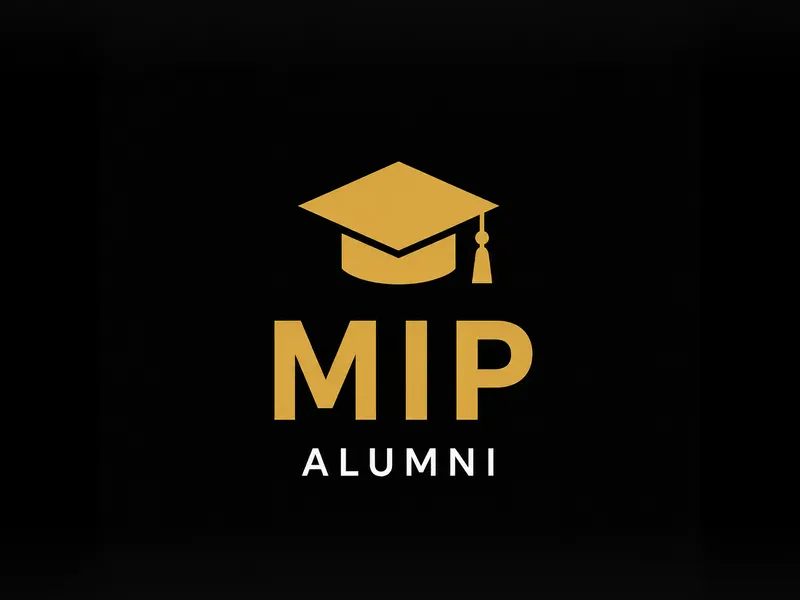 MIP Alumni logo featuring a gold graduation cap above gold and white text on a black background.