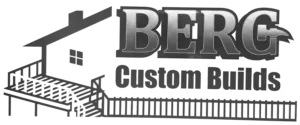 Berg Custom Builds logo, showcasing a meticulously designed home with a wrap-around deck and ascending stairs, symbolizing our expertise in designing your dream outdoor living spaces and custom home construction projects.