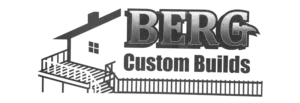 Berg Custom Builds logo, showcasing a meticulously designed home with a wrap-around deck and ascending stairs, symbolizing our expertise in designing your dream outdoor living spaces and custom home construction projects.