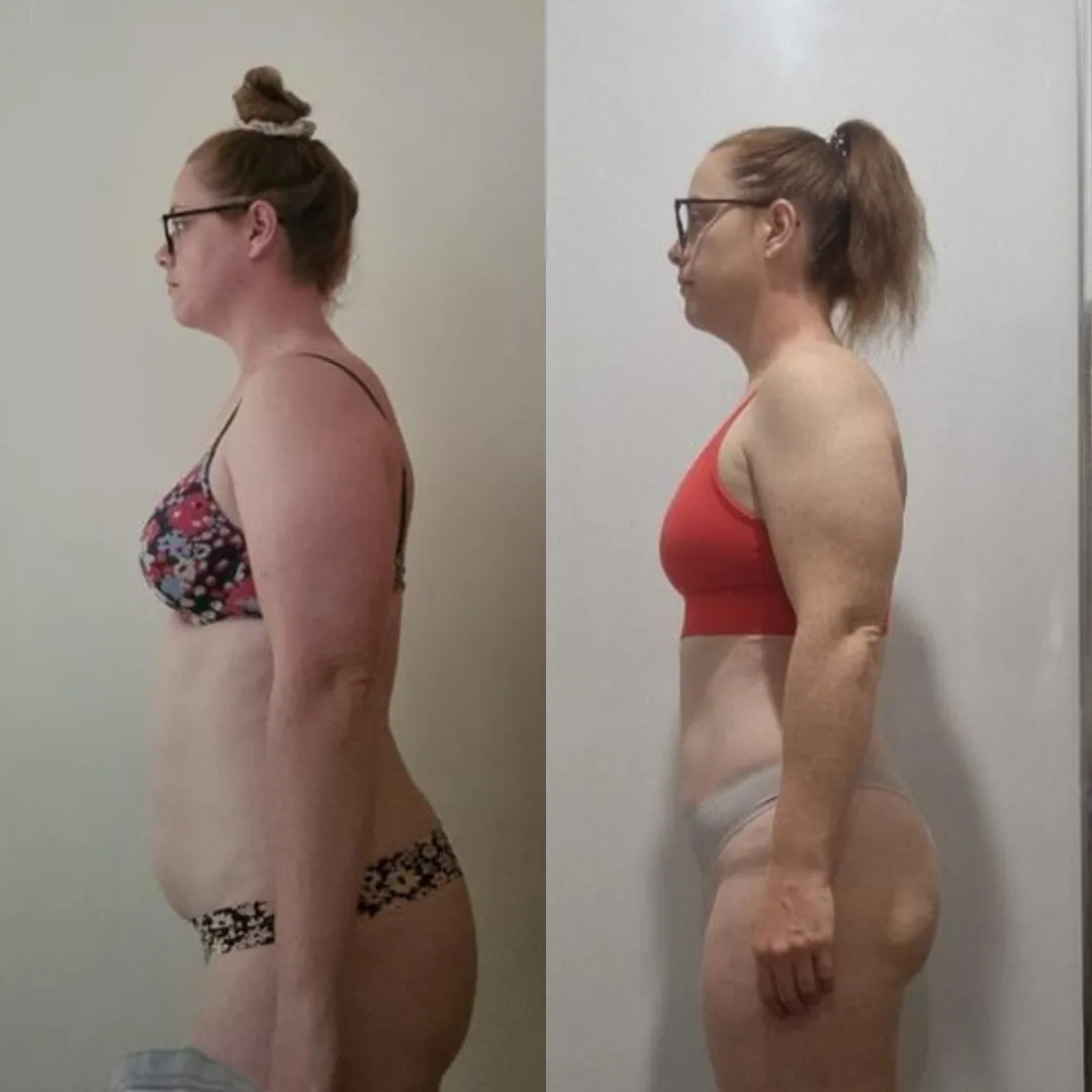 “Two full-body front-facing photos of a woman showcasing muscle definition and fat loss. Transition from a pink to red sports bra highlights increased lean muscle mass and visible abdominal strength.”