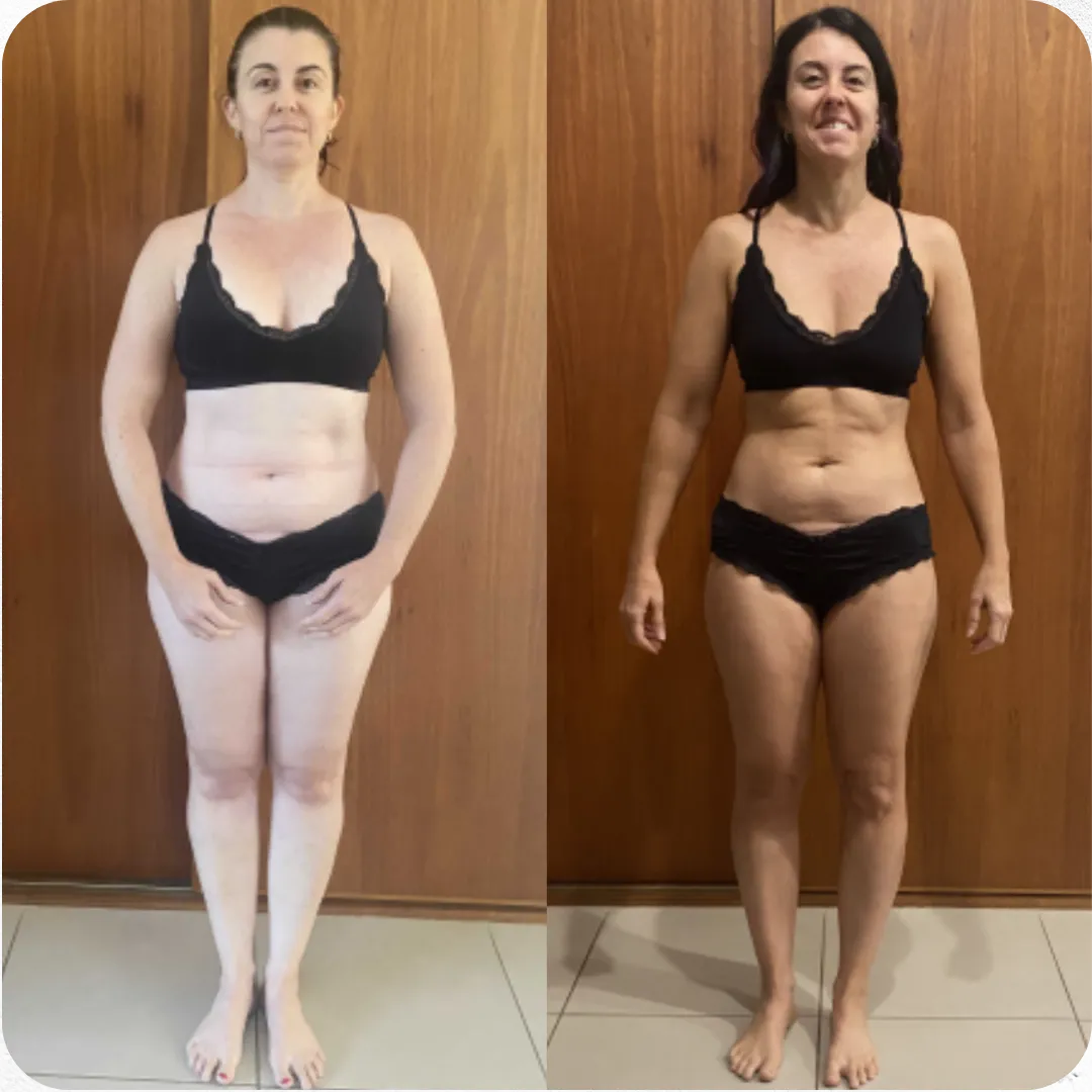 “Side-by-side photo of a woman before and after strength training—showing increased muscle tone and confidence. After photo includes her holding gym chains in a strong, empowered pose.”