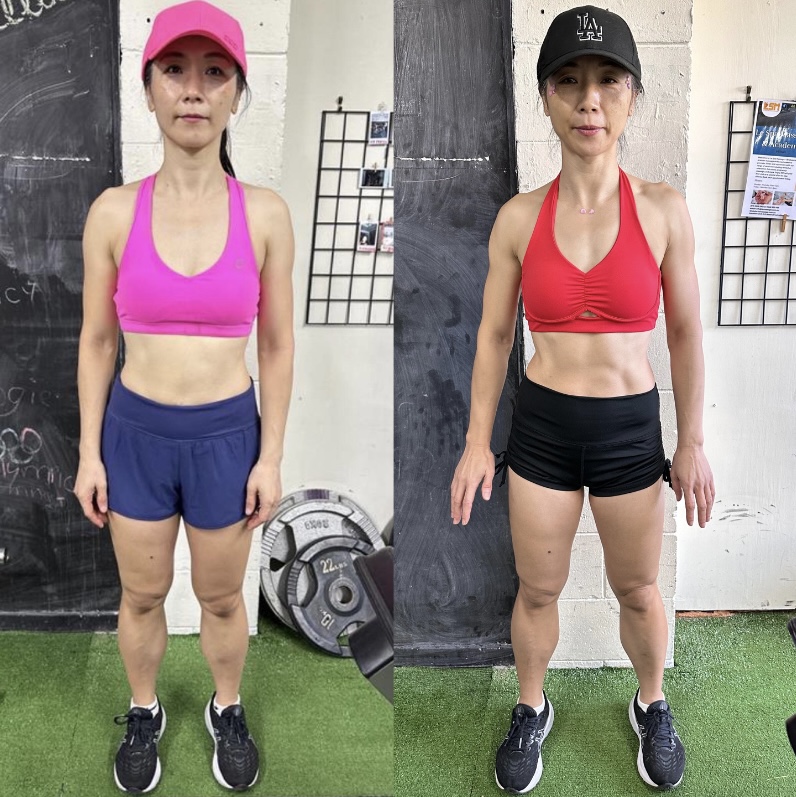 “Two full-body front-facing photos of a woman showcasing muscle definition and fat loss. Transition from a pink to red sports bra highlights increased lean muscle mass and visible abdominal strength.”