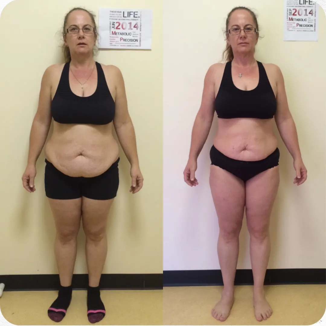 “Side-by-side photo of a woman before and after strength training—showing increased muscle tone and confidence. After photo includes her holding gym chains in a strong, empowered pose.”