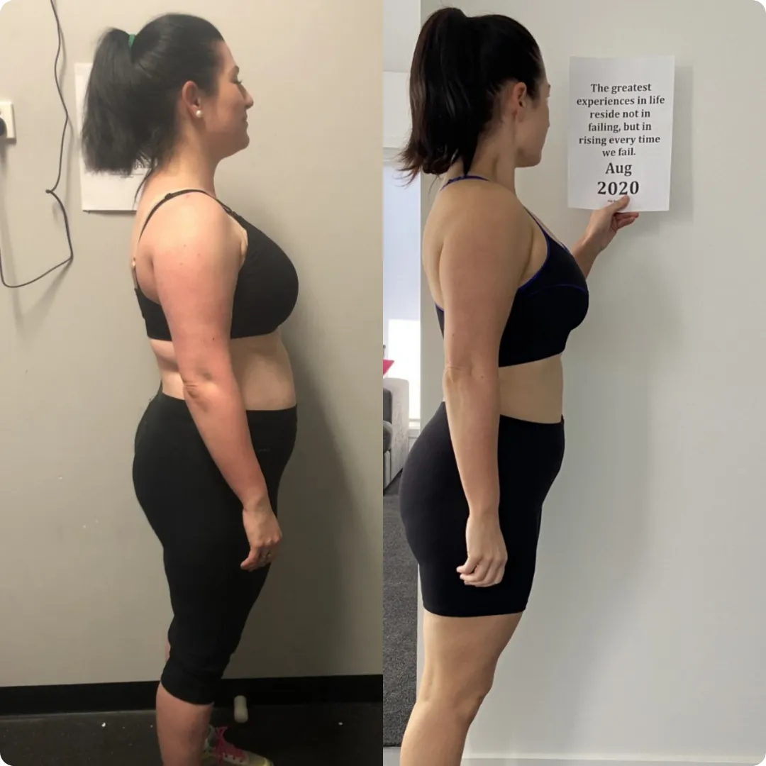 “Side-by-side photo of a woman before and after strength training—showing increased muscle tone and confidence. After photo includes her holding gym chains in a strong, empowered pose.”