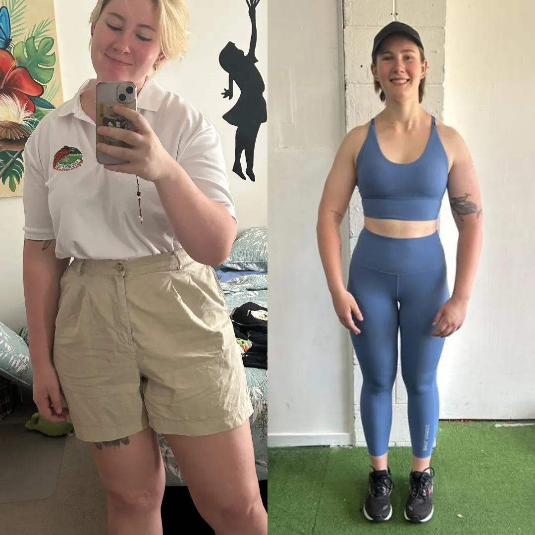“Side-by-side photo of a woman before and after strength training—showing increased muscle tone and confidence. After photo includes her holding gym chains in a strong, empowered pose.”