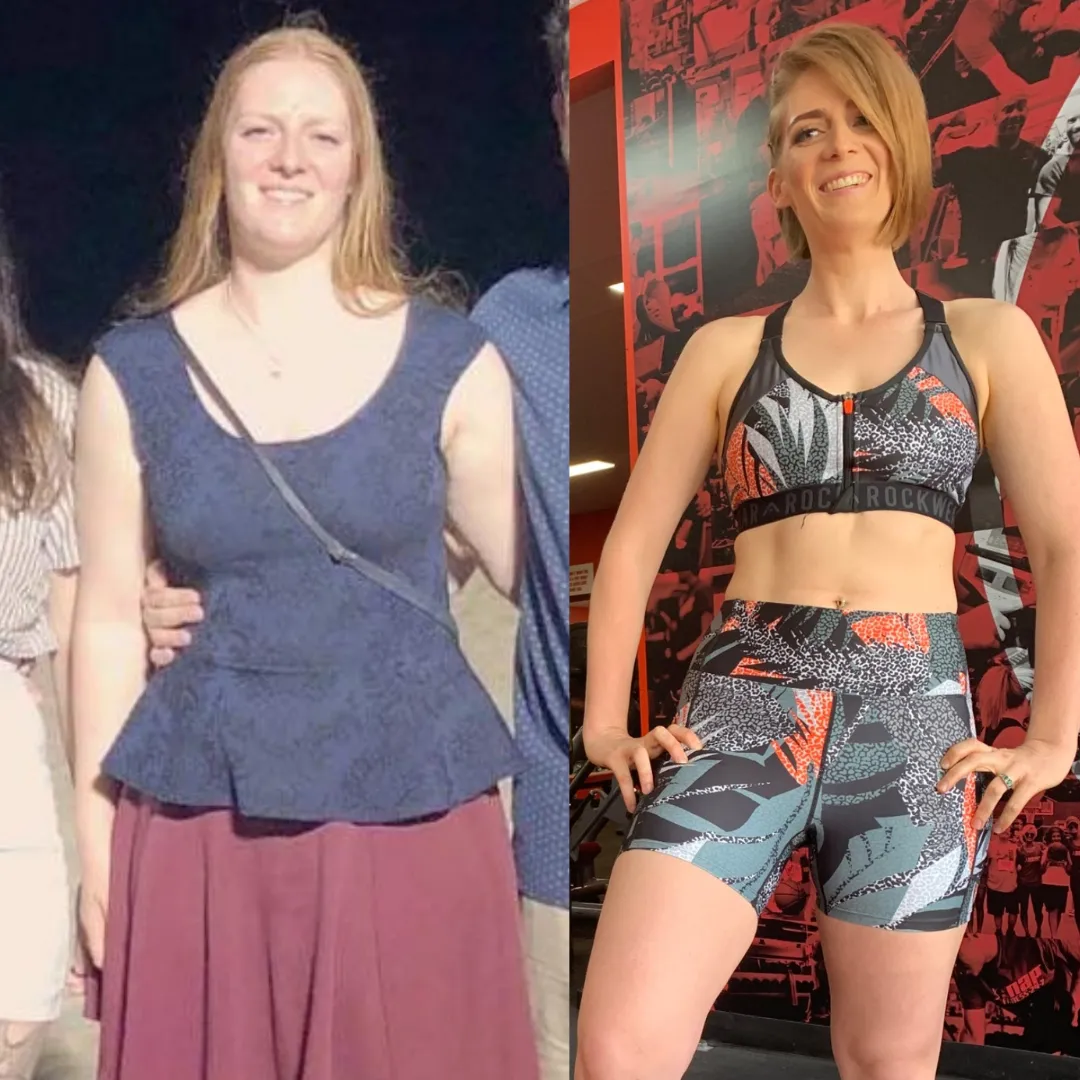 “Two full-body front-facing photos of a woman showcasing muscle definition and fat loss. Transition from a pink to red sports bra highlights increased lean muscle mass and visible abdominal strength.”