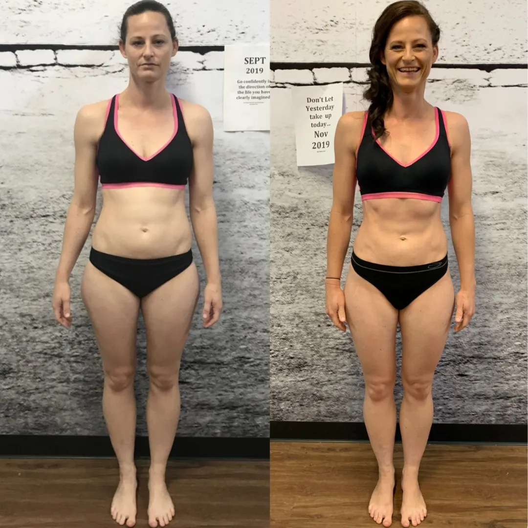 “Two full-body front-facing photos of a woman showcasing muscle definition and fat loss. Transition from a pink to red sports bra highlights increased lean muscle mass and visible abdominal strength.”