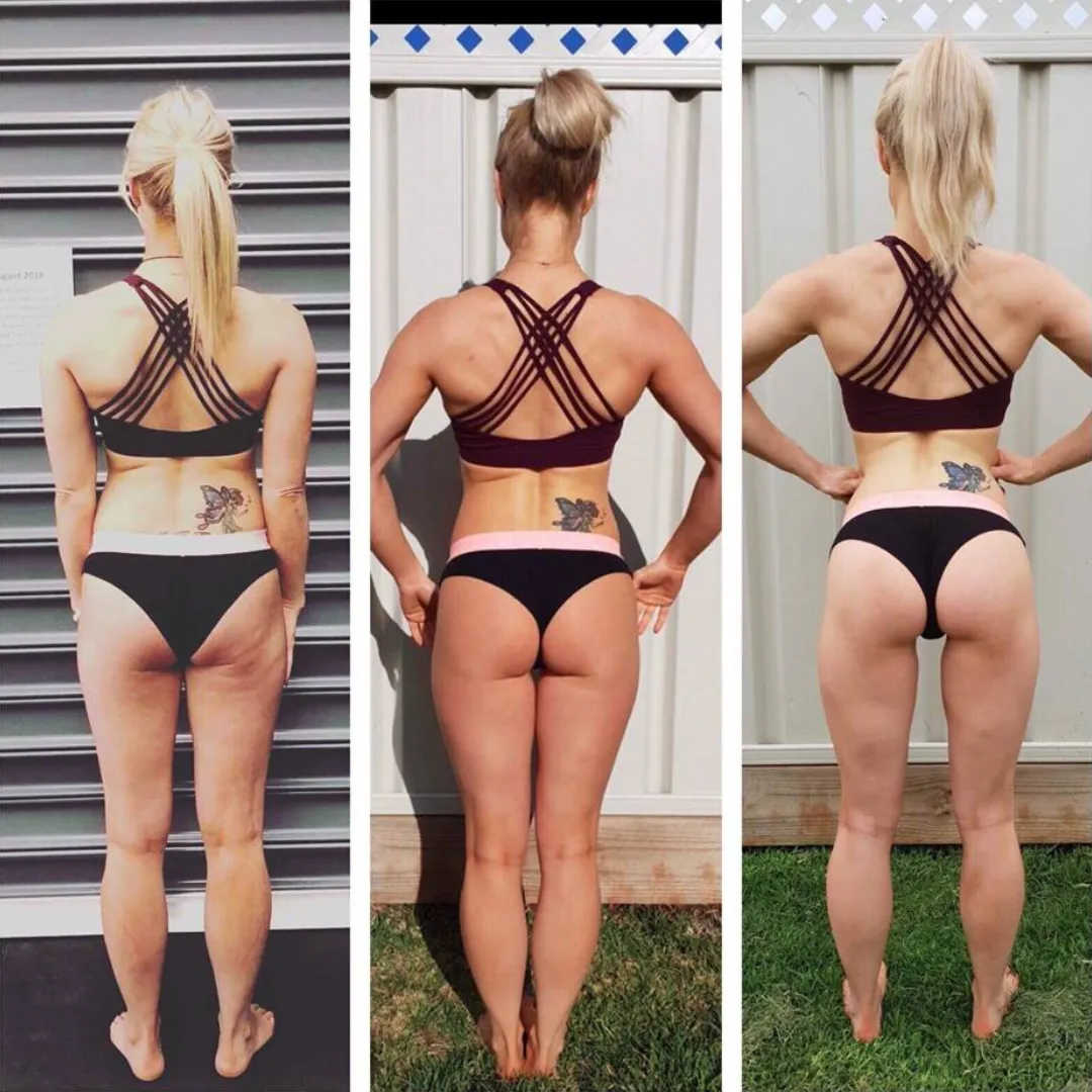 “Side-by-side photo of a woman before and after strength training—showing increased muscle tone and confidence. After photo includes her holding gym chains in a strong, empowered pose.”