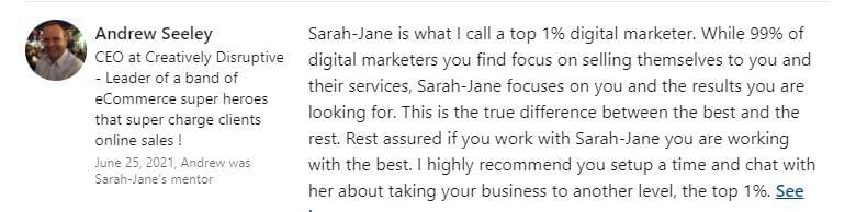 Testimonial for Sarah-Jane Picton-King of Sarah-Jane Picton-King