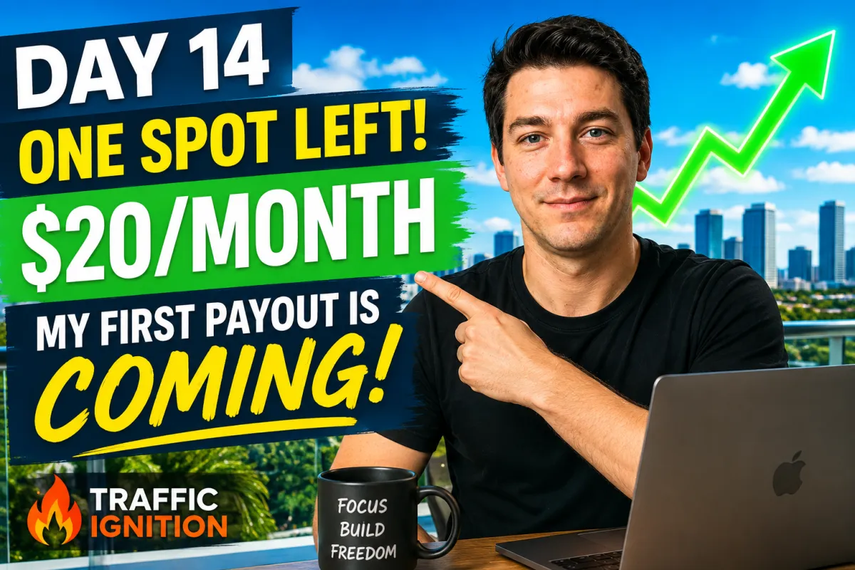 Day 14: One Spot Left, $20/Month on the Board & My First Traffic Ignition Payout Is Coming