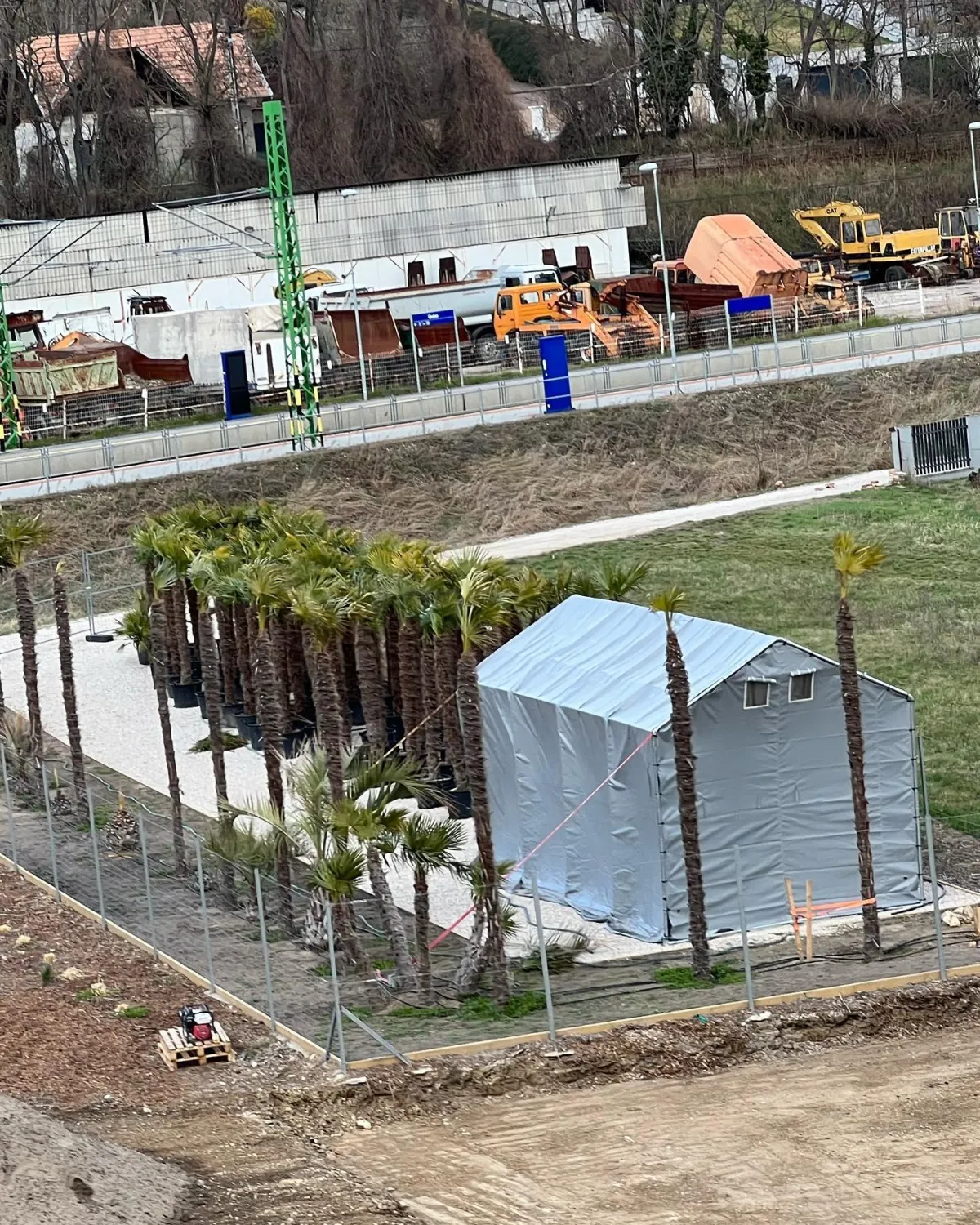 A small gray tent structure is surrounded by tall palm trees on a grassy area. Industrial equipment is visible in the background, creating a contrasting setting.