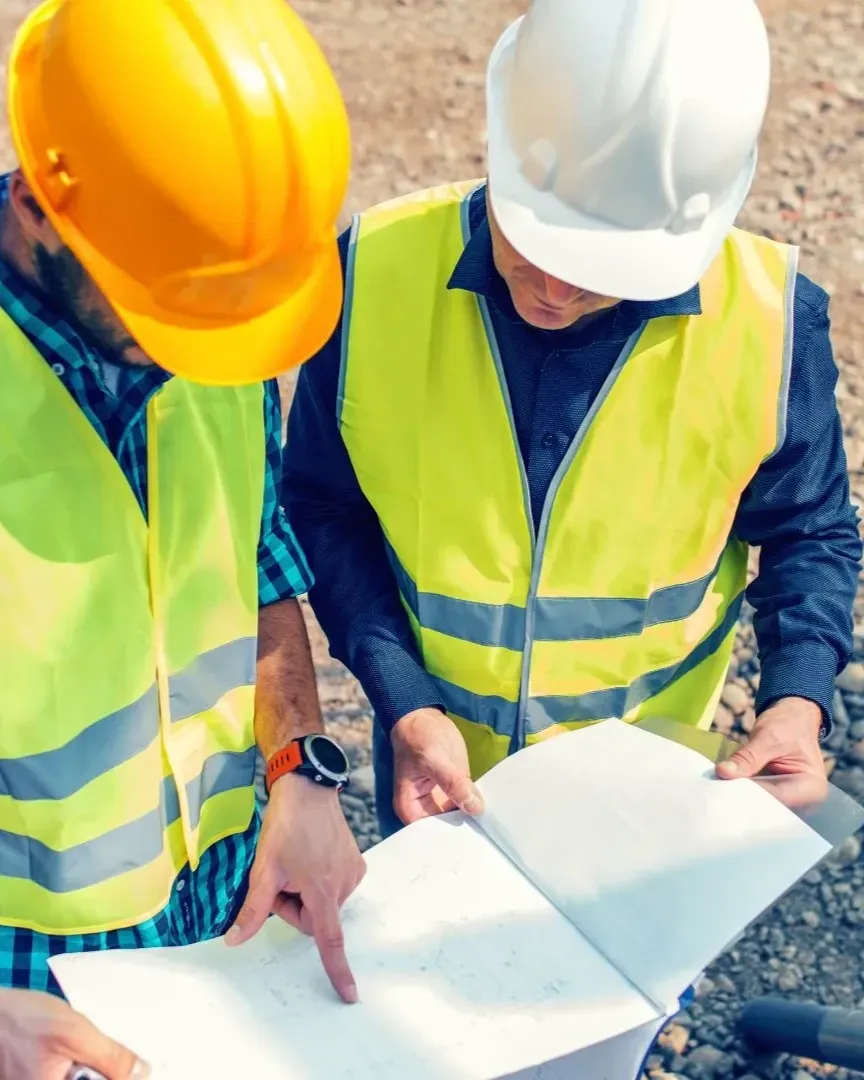 General contractors in Flower Mound TX reviewing construction blueprints on-site