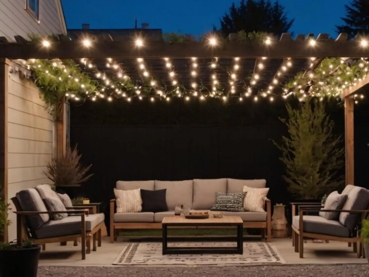 Wooden pergola with string lights and greenery, built in a Carrollton, TX backyard with cozy lounge seating.