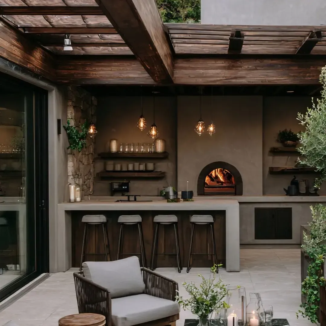 Outdoor kitchen pavilion in Little Elm TX with pergola roof and stone accents