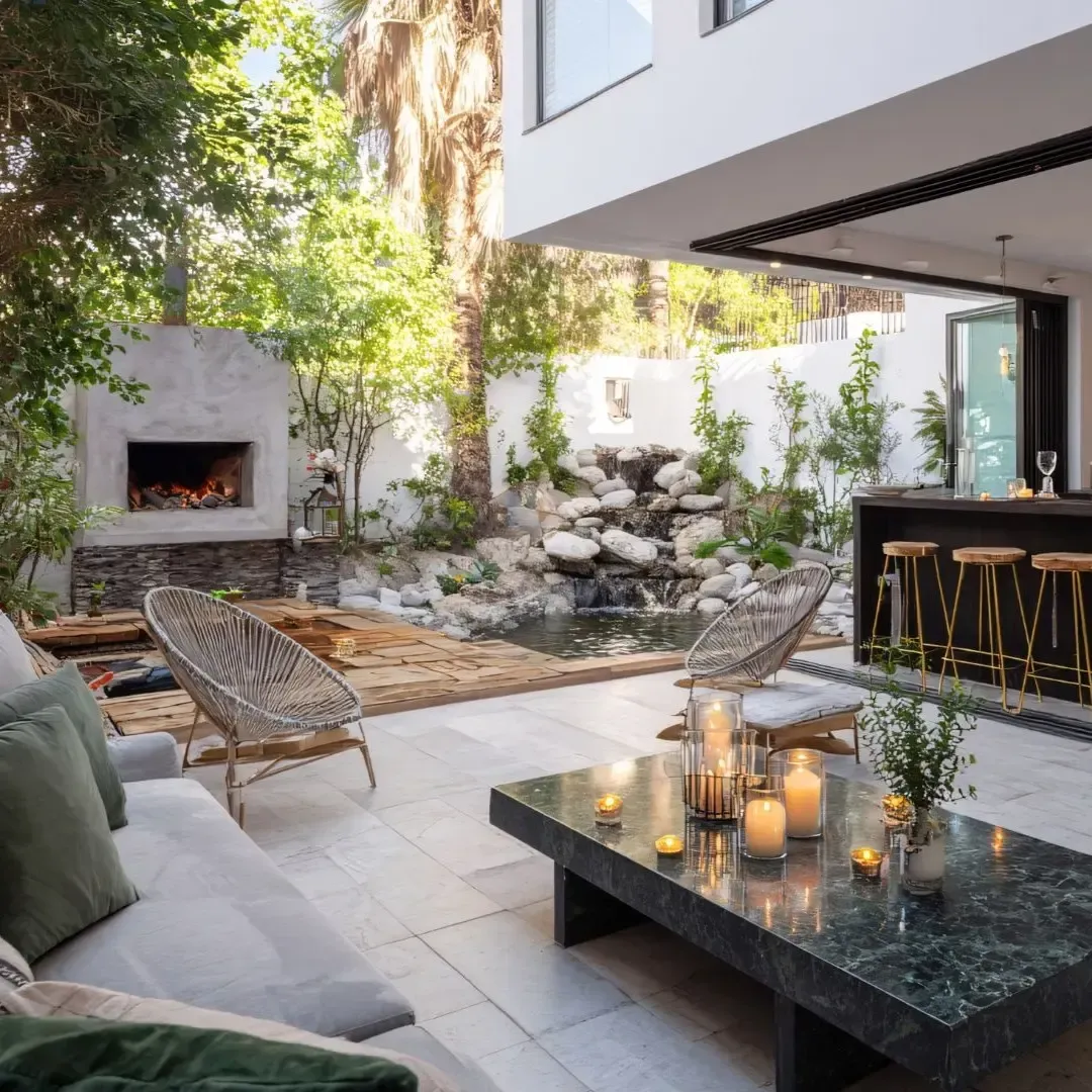 Outdoor living space in Coppell, TX with koi pond, fireplace, and bar seating