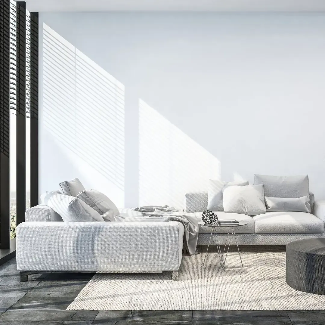 Modern living room remodel in Highland Village TX with white sofas, floor to ceiling windows, and natural light shadows