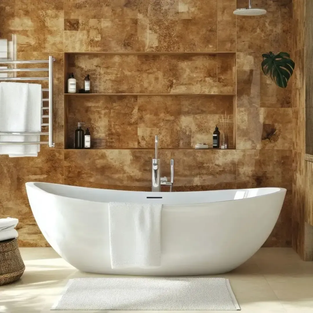 Modern bathroom addition in Frisco TX with freestanding soaking tub and tiled accent wall