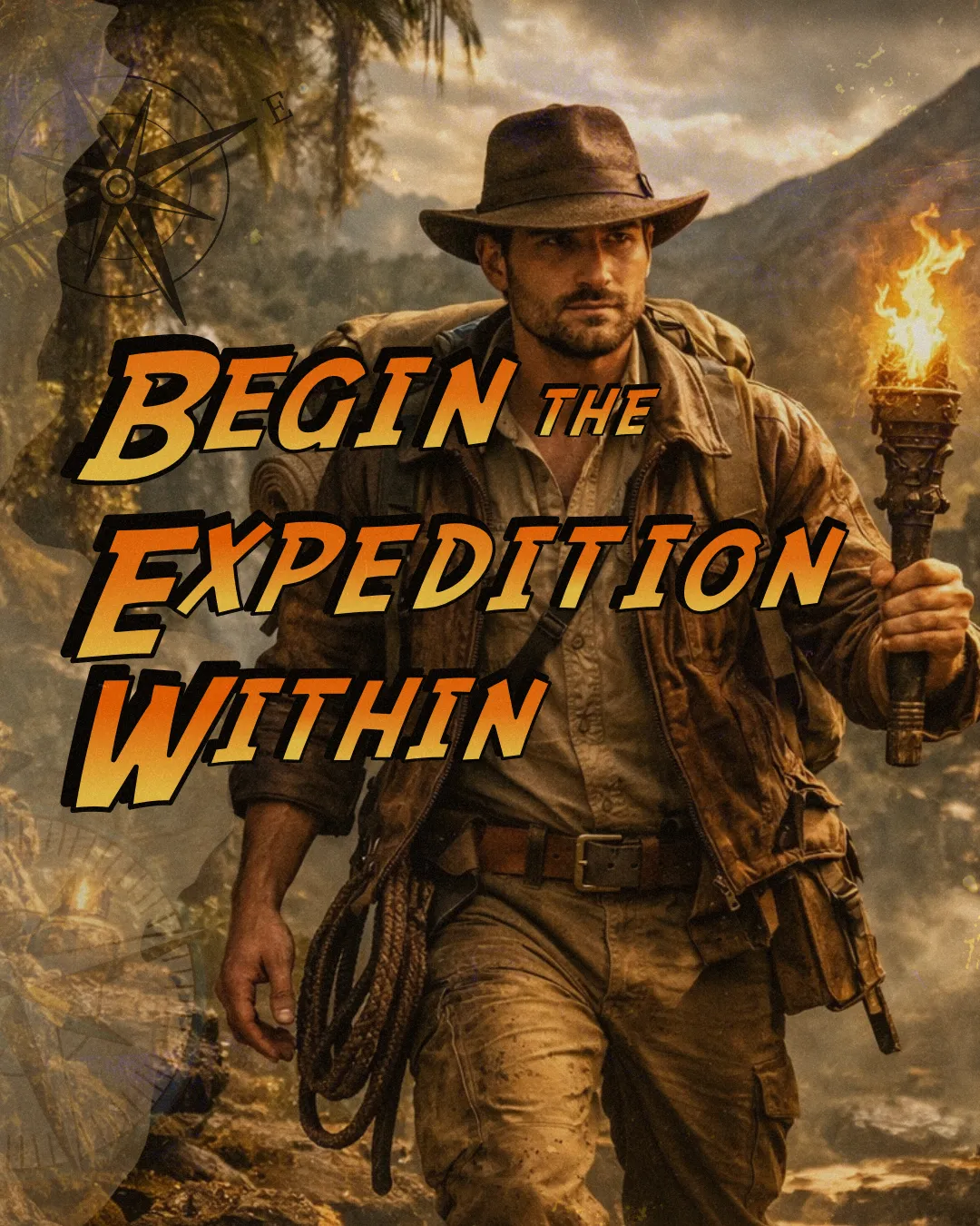 Explorer holding a glowing torch representing a journey of inner expedition 
