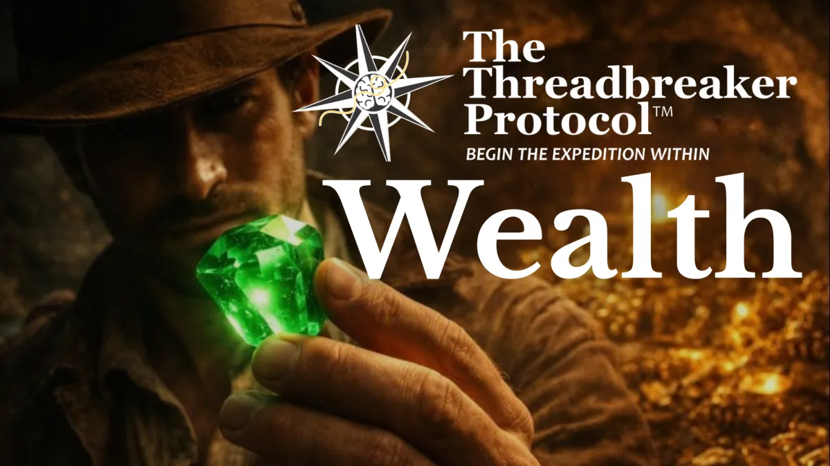 Explorer holding a glowing emerald in a cave representing wealth awareness 