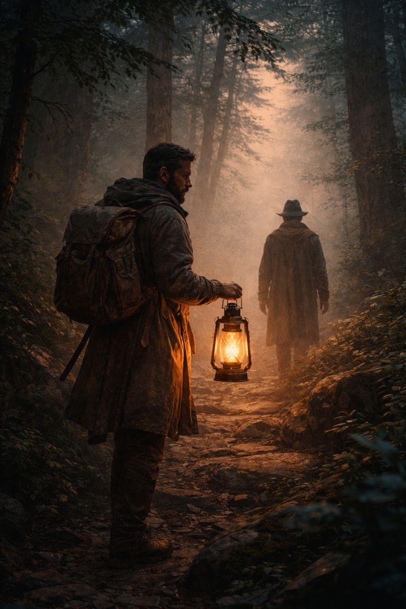 Indiana Jones style lantern guide beside path representing trusted guidance 
