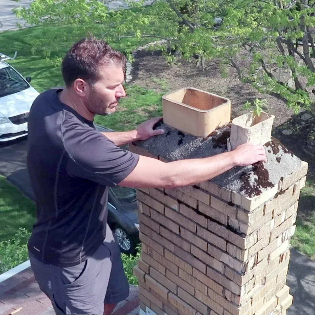 Steve, from Chimney Works, inspects a chimney with multiple problems while training a new technician.