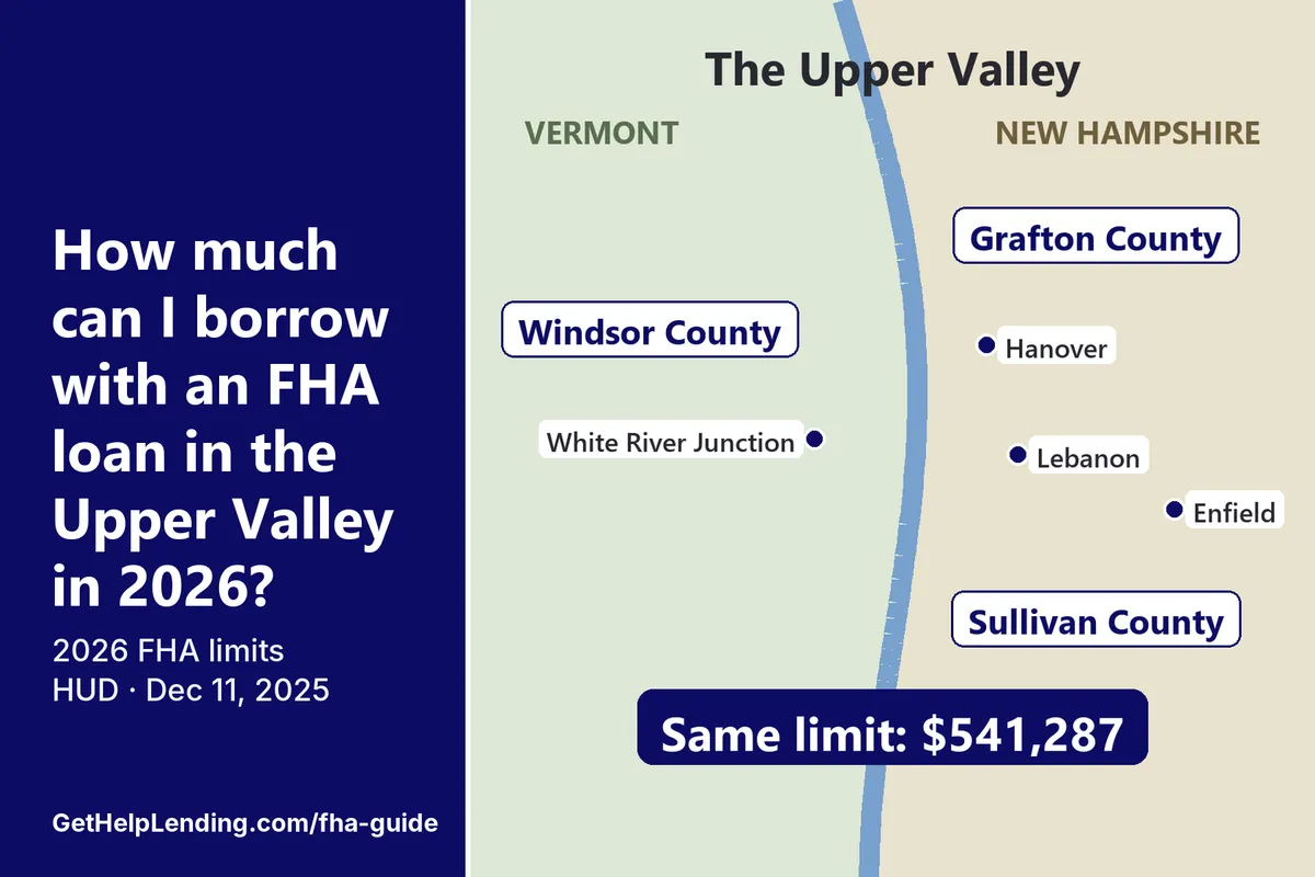 2026 FHA loan limit map of the Upper Valley: Grafton, Sullivan, and Windsor counties share a $541,287 limit