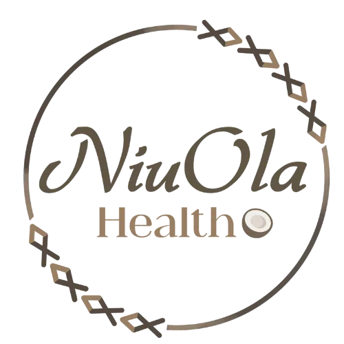 NiuOla Health logo featuring elegant script text with a coconut icon and a circular border, representing personalized healthcare and wellness.