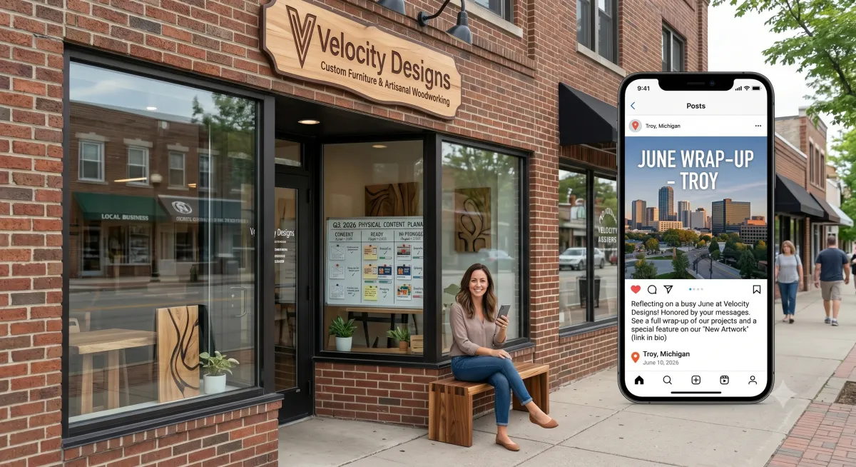 Local business owner managing their social media presence with Velocity Designs