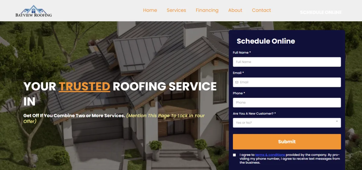 Alternative sample web design for a roofing contractor built by Velocity Designs