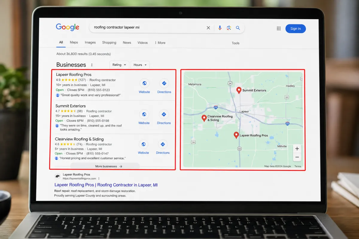 Google Maps local search results showing the local business listings pack