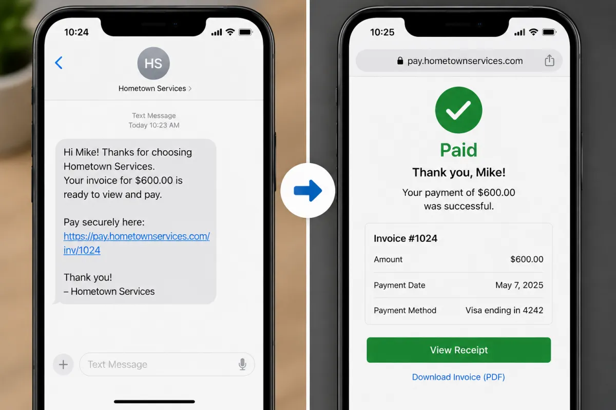 Smartphone showing text-to-pay invoice and payment confirmation for small business