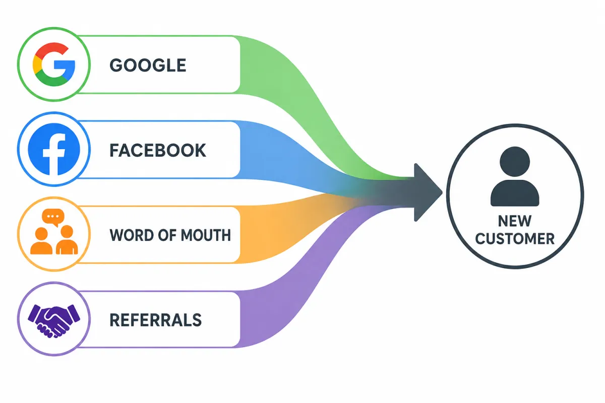 Diagram showing different lead sources flowing into new customers for a small business