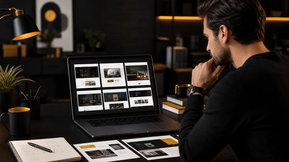 Small business owner comparing web designer portfolios before hiring