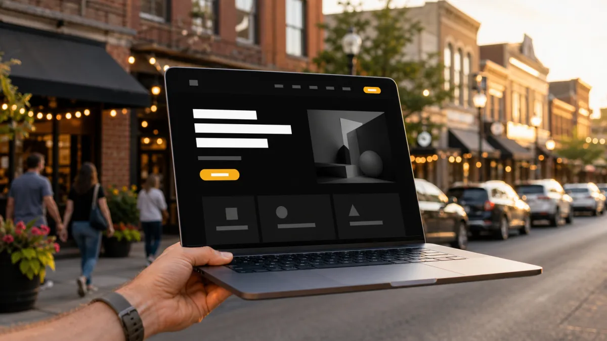 Downtown Lapeer, MI street with a laptop showing a modern website mockup