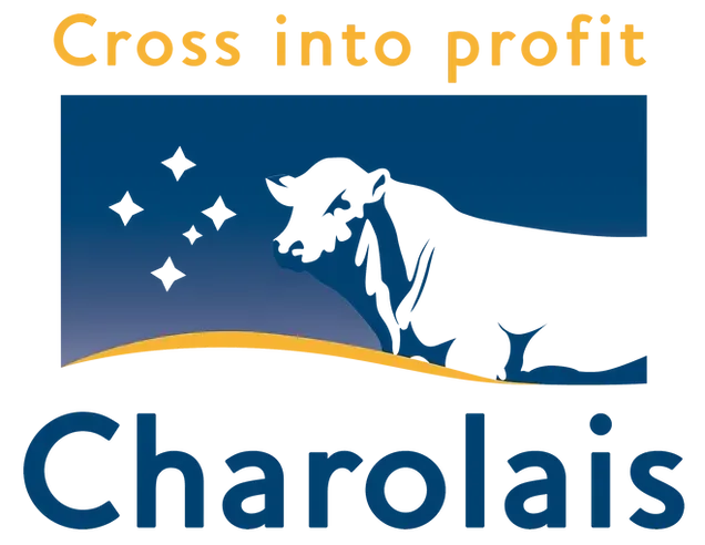 Logo of the Charolais Society featuring a stylised Charolais bull silhouette against a blue backdrop with a yellow horizon line, representing the esteemed society dedicated to the breed.