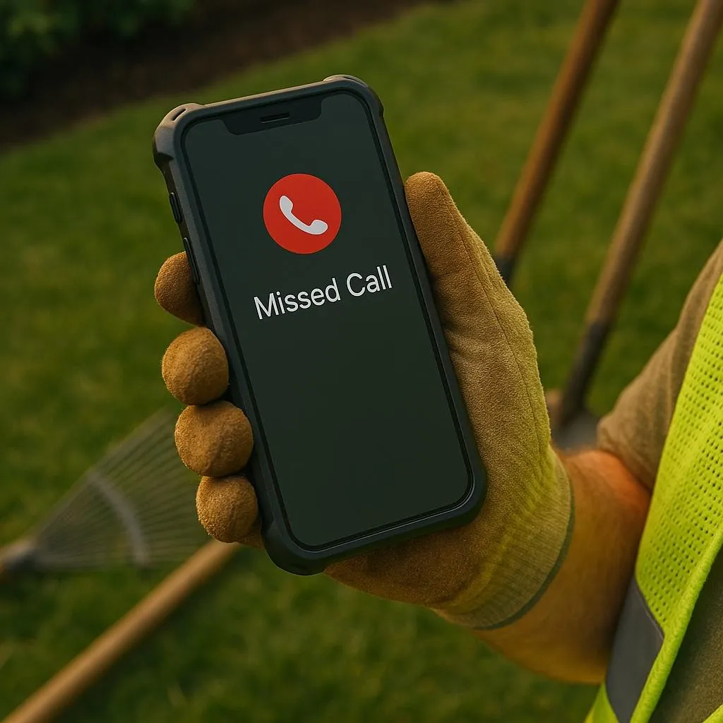 Landscaper holding a phone with a missed call notification.