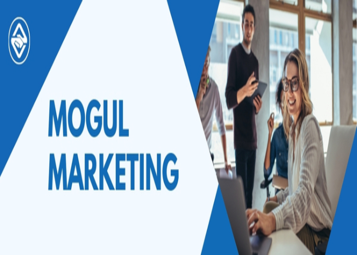 Mogul Marketing cover graphic featuring a professional team collaborating in an office, with Mogul Clients branding in blue and white.