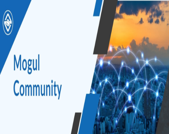 Mogul Community cover graphic featuring a connected city network at sunset with Mogul Clients branding in blue and white.