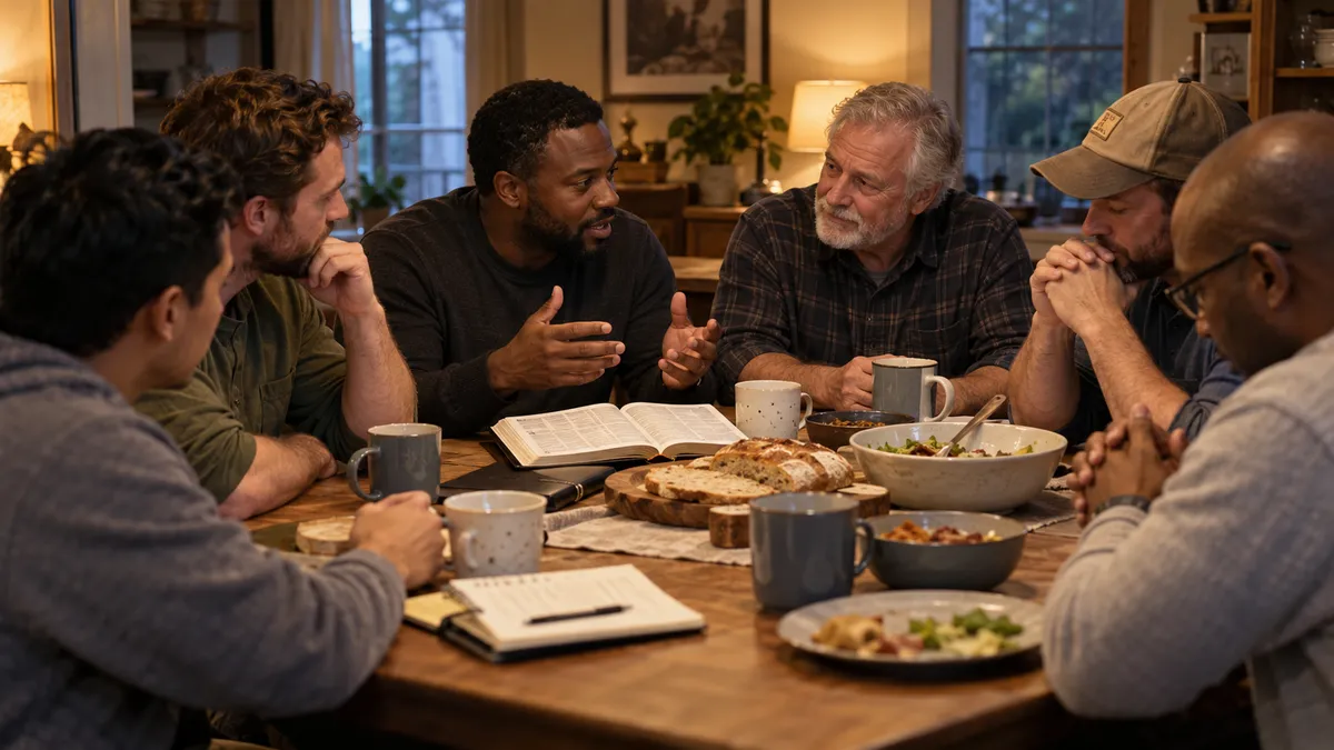Men gathered around a table in honest conversation