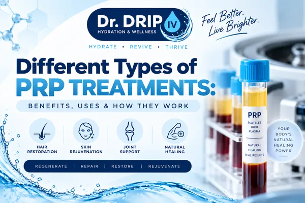 Infographic showcasing different types of PRP treatments, including joint pain therapy, sports injury recovery, hair restoration, facial rejuvenation, tendon repair, muscle recovery, and regenerative medicine at Dr. Drip IV Hydration & Wellness.