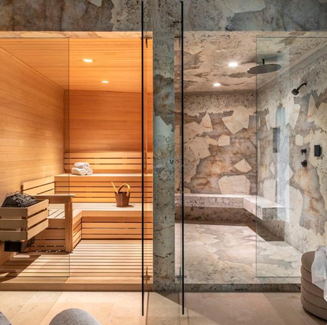 Render minimalista de sauna y jacuzzi en proyecto HandsCraft Perú