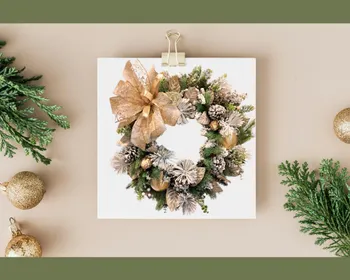 A festive winter wreath with pinecones, gold ornaments and a neutral background.