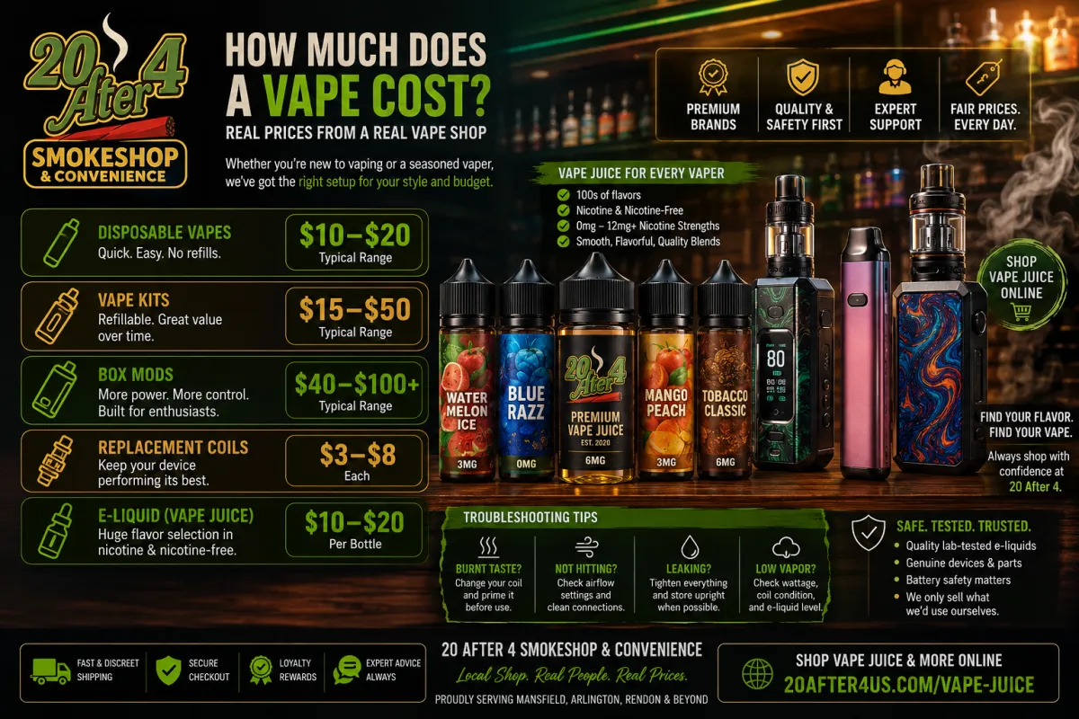 How much does a vape cost infographic from 20 After 4 Smoke Shop showing disposable vape prices ($10-$20), vape kits ($15-$50), box mods ($40-$100+), replacement coils ($3-$8), and e-liquid costs with popular vape products and pricing guide.