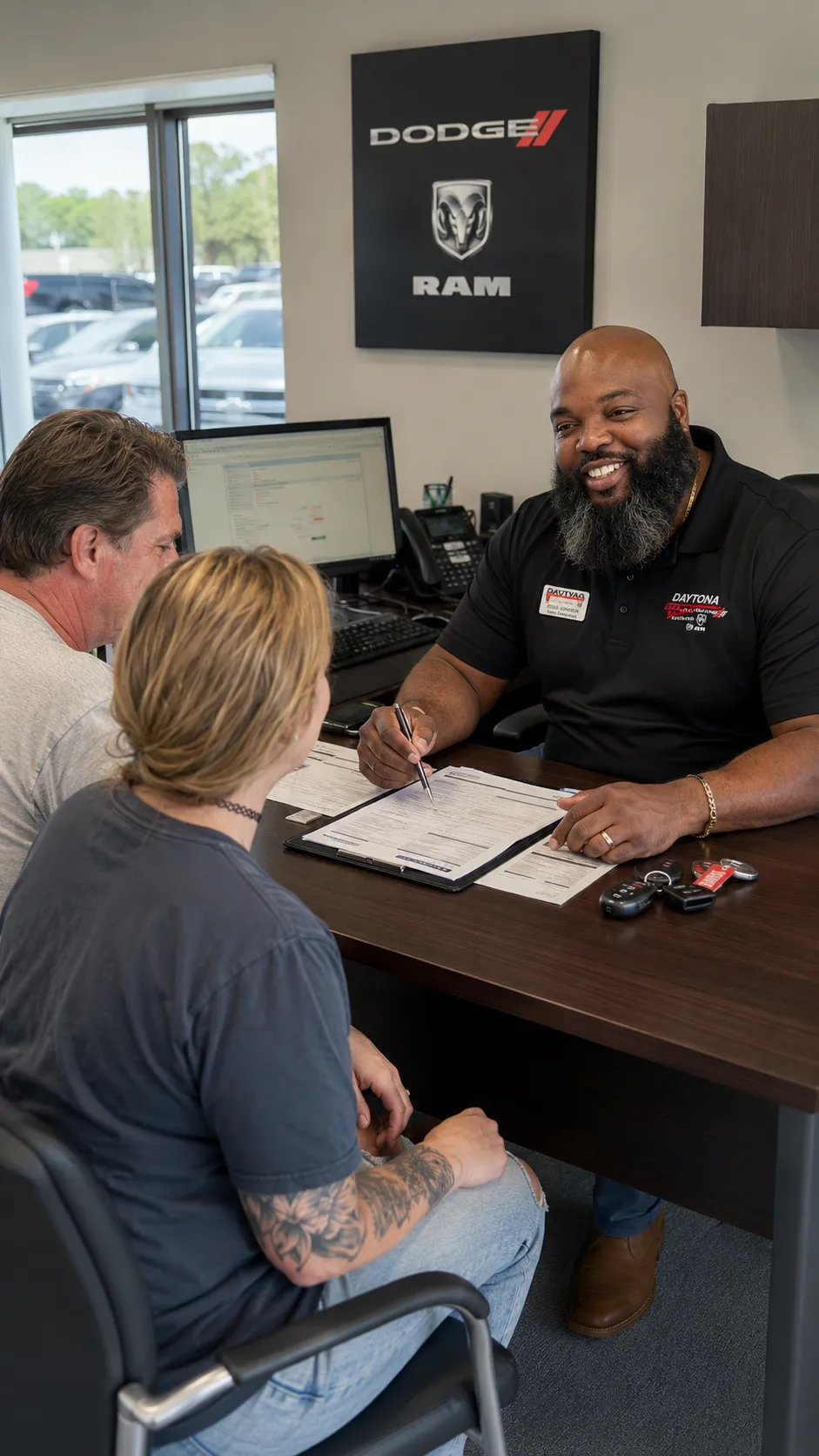 Customer checking trade value offer on phone