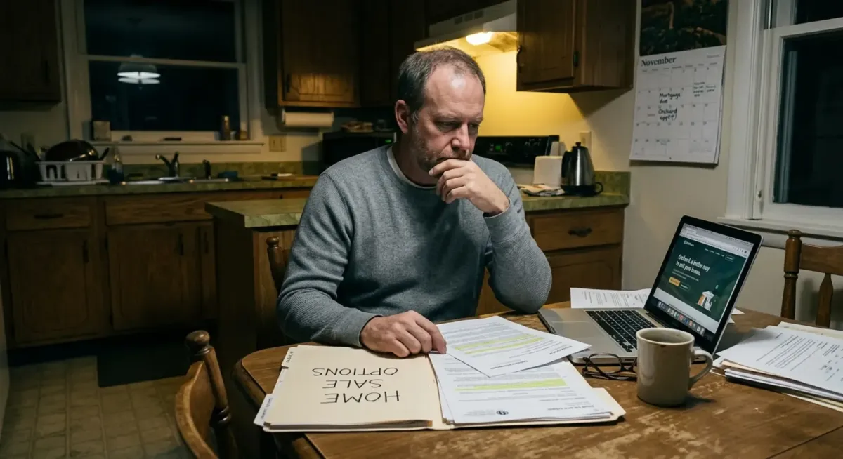 Adult daughter and elderly mother reviewing cash offer options on laptop at kitchen table