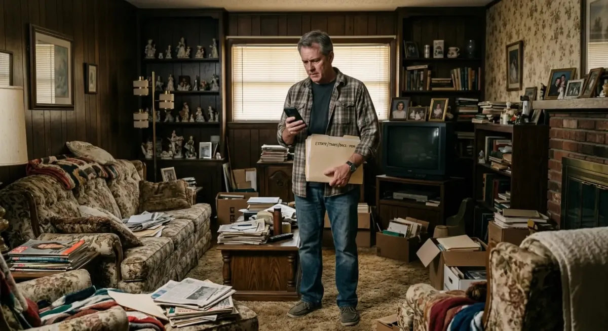 Man overwhelmed reviewing home buyer costs in cluttered Dallas Fort Worth ranch home