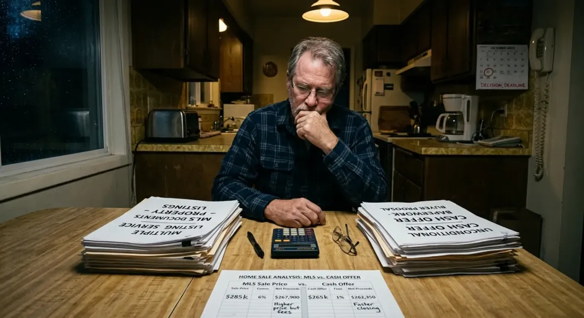 Adult child comparing HomeVestors cash offer to realtor estimate at kitchen table
