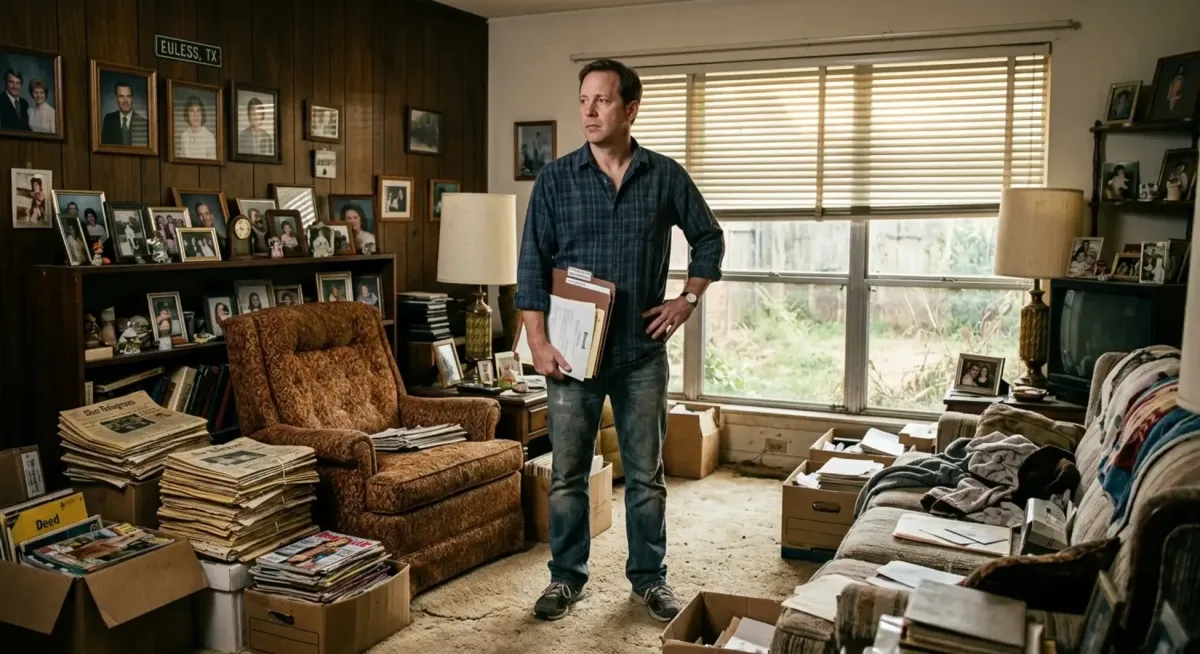 Distressed homeowner holding real estate documents in cluttered DFW ranch home